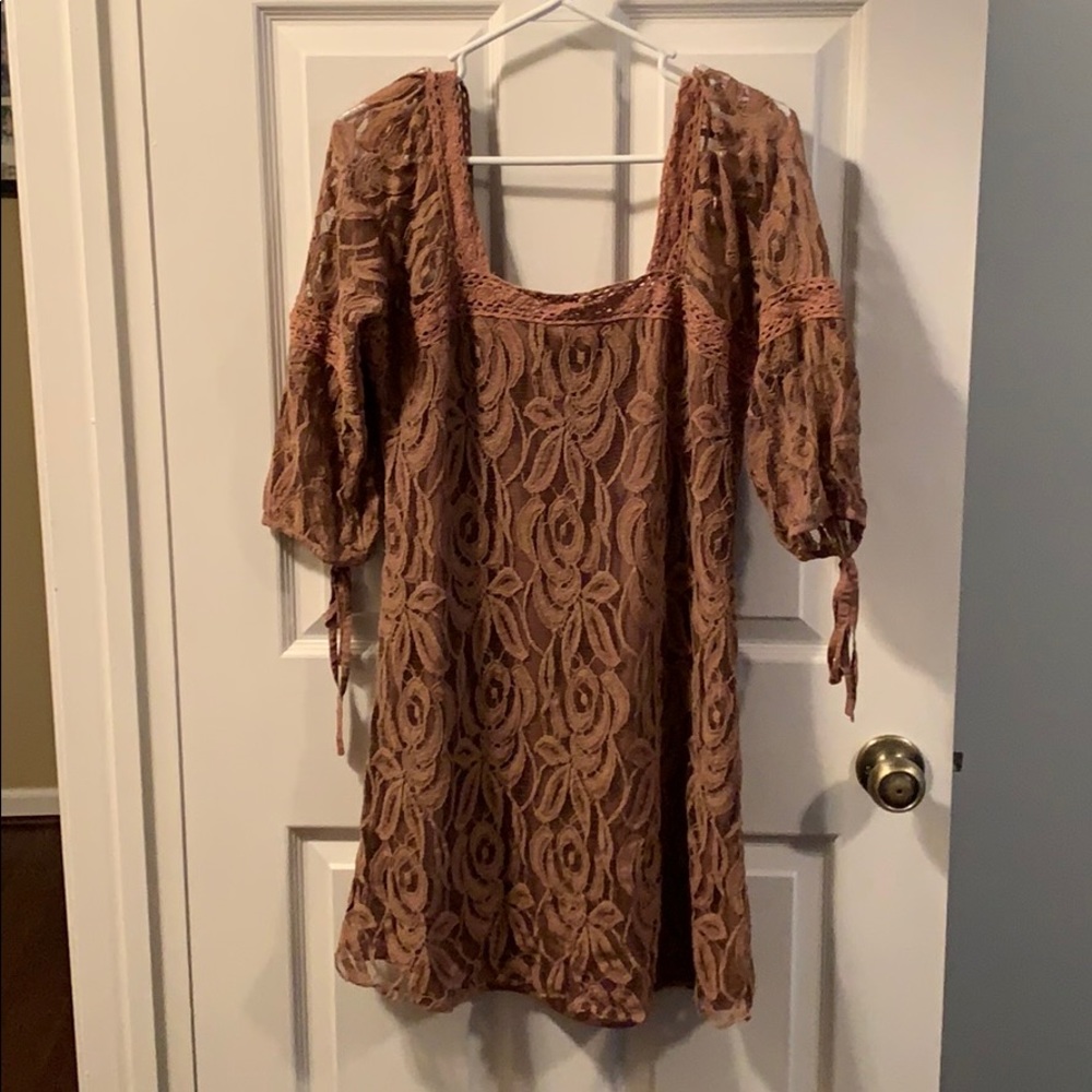 Tan lace dress with button and lace details